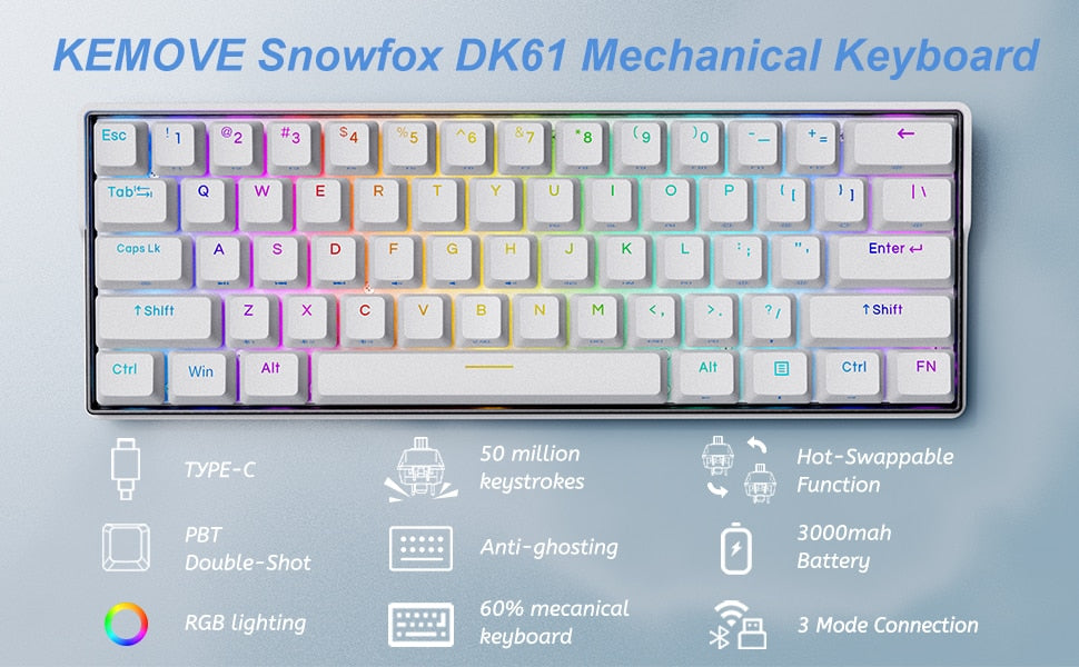 KEMOVE K61 Three-Mode Mechanical Keyboard 61 Keys RGB Hot-Swappable 2.4G Wireless Bluetooth