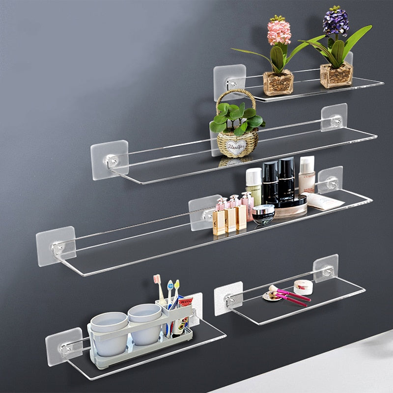 Storage Rack Acrylic Shelf Clear Wall Mounted Thick Transparent Floating Display Stick Bathroom Kitchen Ledge Organizer